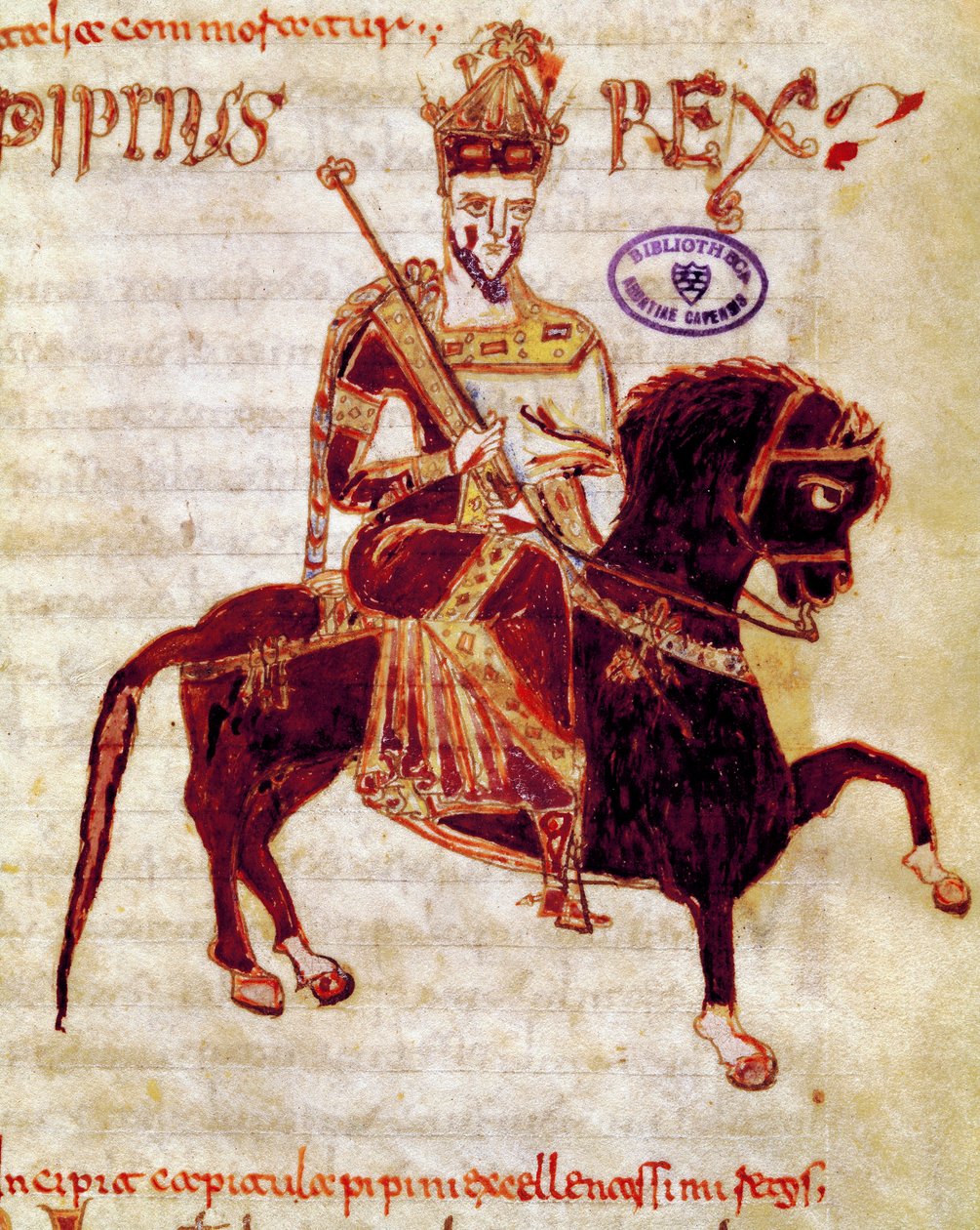 Frangien kuningas Pepin lyhyt (715-768) Käsikirjoitussivu (ms. 4) "" Codex Legum Longobardorum" (tai Langobardorum), joka kuvaa kuningas Rotharin perustaman Lombard-valtakunnan lakeja tekijältä Italian School