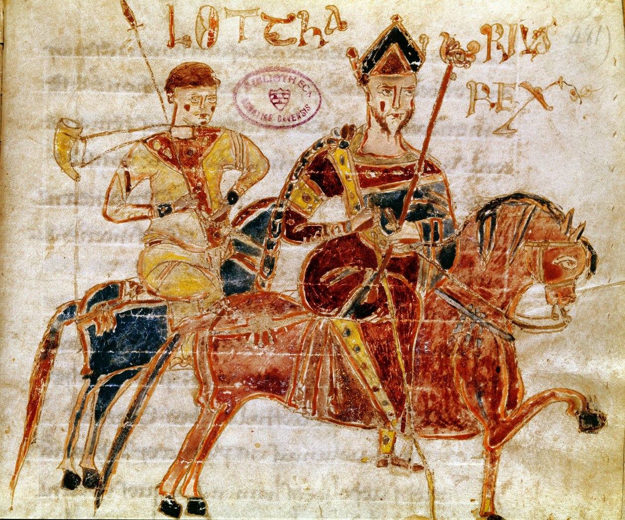 Frankien kuningas ja sitten Lotharia I (9. vuosisata) Miniatyyri Codex Legum Longobardorumista (tai Langobardorumista), joka kuvaa kuningas Rotharin perustaman Lombard-valtakunnan lakeja tekijältä Italian School