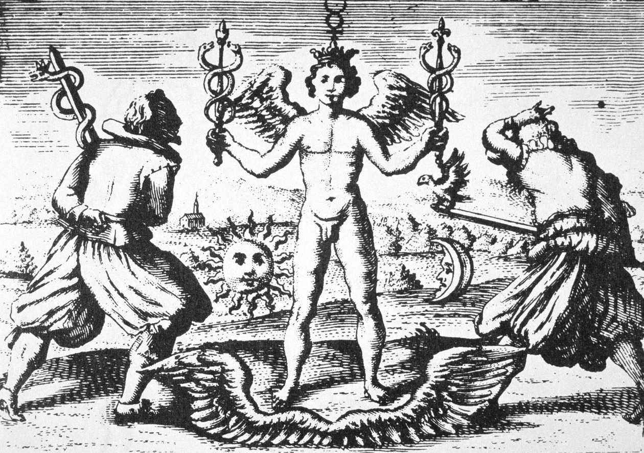 Filosofien Merkurius, Giovanni Battista Nazarin (1589) Della Tramutatione Metallicasta, kuvattuna 1800-luvun lopulla julkaistussa taikuuden historiassa tekijältä Italian School