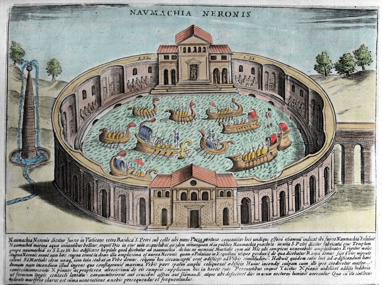 Neronin Naumachia, esitys meritaistelusta Roomassa. Kaiverrus (1600-luku). tekijältä Italian School