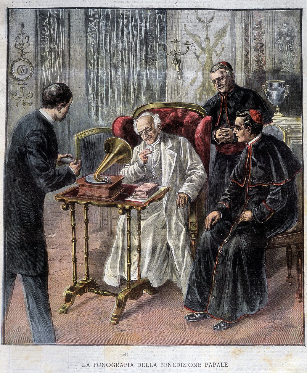 Paavi Leo XIII:n siunauksen fonografi - "La Tribuna Illustrata" -lehdessä 29.3. tekijältä Italian School
