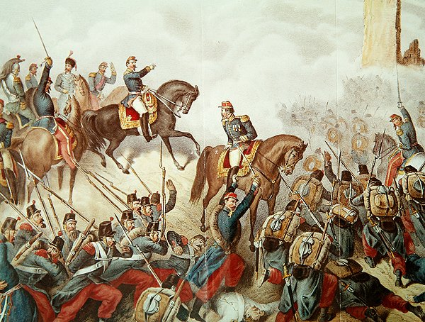 Piemontilaiset ja ranskalaiset San Martinon taistelussa vuonna 1859 (värikaiverrus) tekijältä Italian School