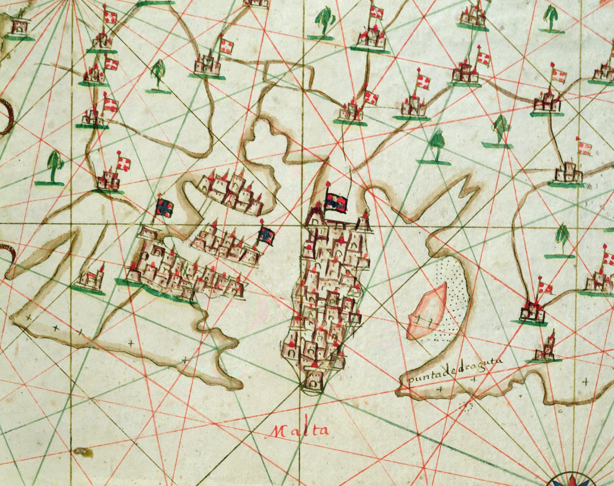 La Vallettan satama, merenkulkukartasta, 1646 (muste vellum) (yksityiskohta 330944) tekijältä Italian School