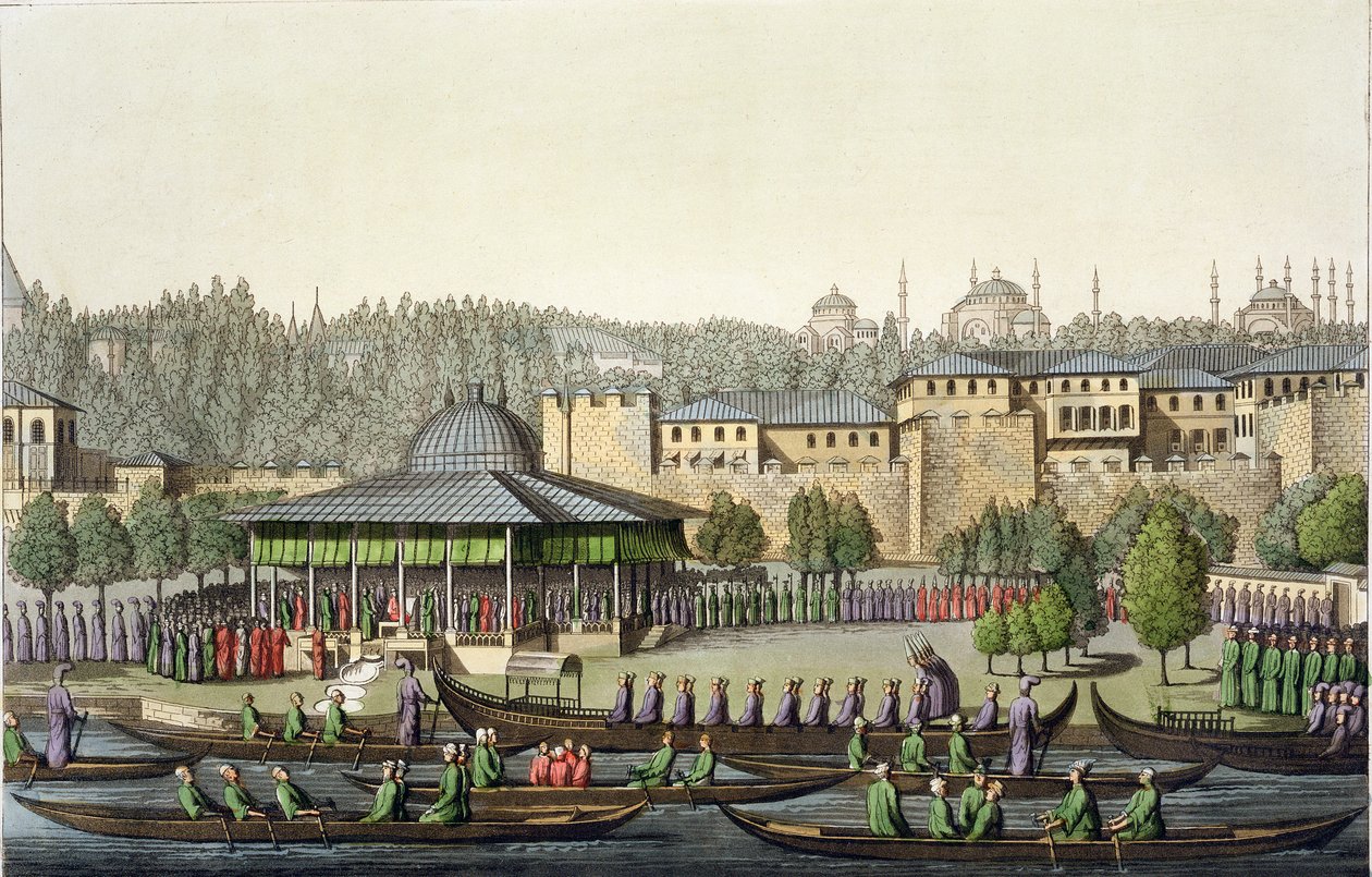 Amiraalin esitys sulttaanille, levy 14 osasta III, Kansojen historian osa I, kaivertanut Giacomo Bussi, n. 1820 (akvatinta) tekijältä Italian School