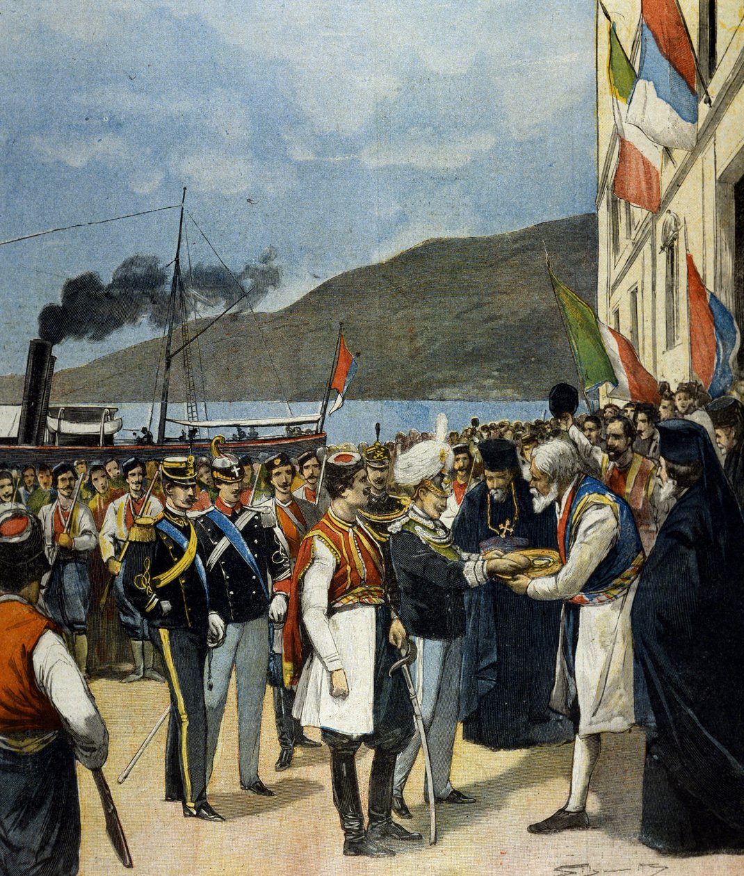 Napolin prinssi - silloin Victor Emmanuel III (Victor-Emmanuel) (Vittorio Emanuele) - vastaanottaa Rijekassa perinteen mukaan leipää ja suolaa Helene de Montenegron suvulta. tekijältä Italian School