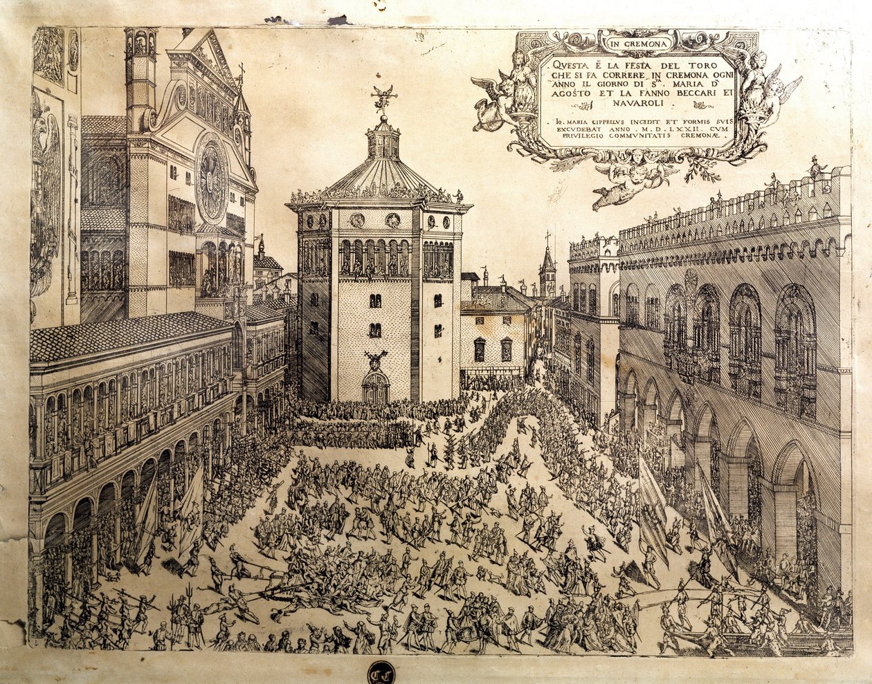Härkäjuhla Cremonen suurella aukiolla (Cremona) Italiassa. Kaiverrus 1500-luvun Cremonasta, Museo Civico Italiasta tekijältä Italian School