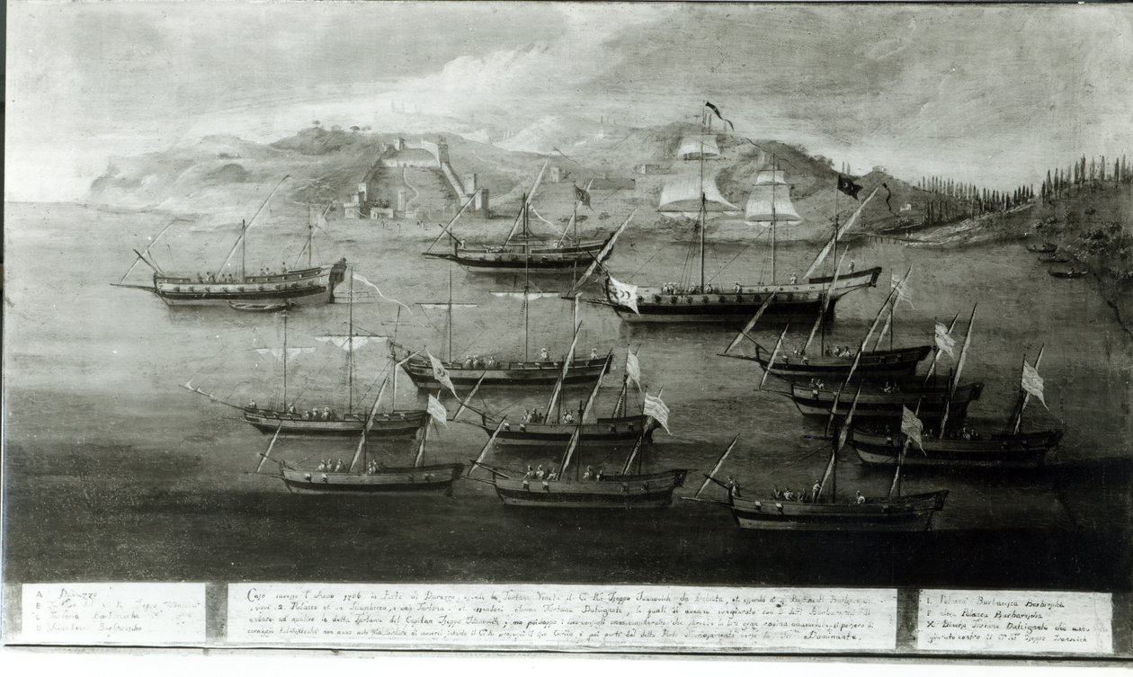 Kapteeni Ivanovich da Dabrotan johtama venetsialainen laivasto turkkilaisia merirosvoja vastaan Durazzossa, 1756 tekijältä Italian School