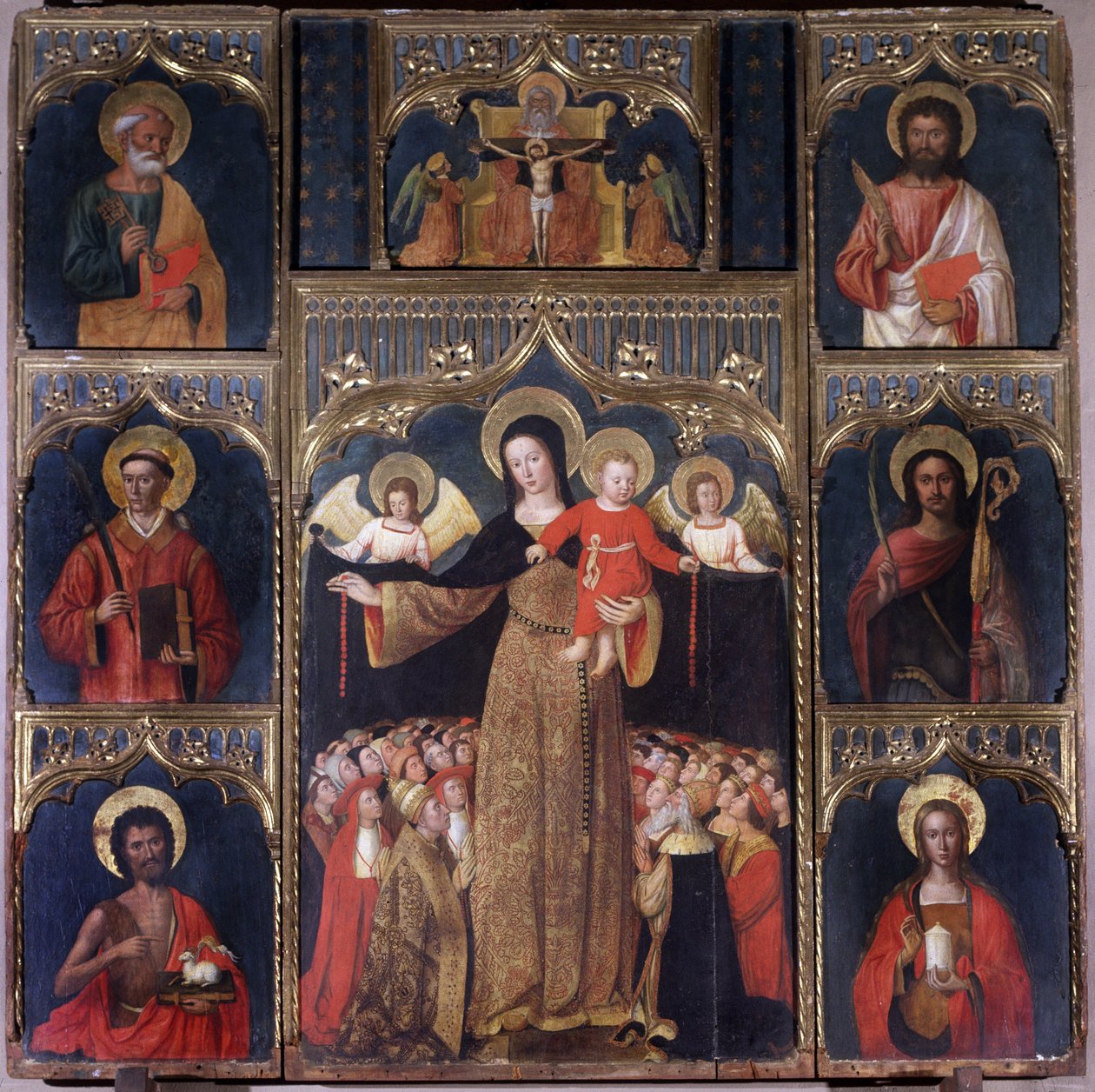 Neitsyt Kristuksen lapsen kanssa: Neitsyt Marian (Our Lady) ruusukon alttaritaulu. Kuusi pyhimystä ympäröi Neitsyt: Pyhä Pietari, Pyhä Johannes Kastaja, joka pitää kädessään Jumalan Karitsaa, Saint Barthelemy, Saint Stephen, Saint Julianus, Saint Mary Made tekijältä Italian School