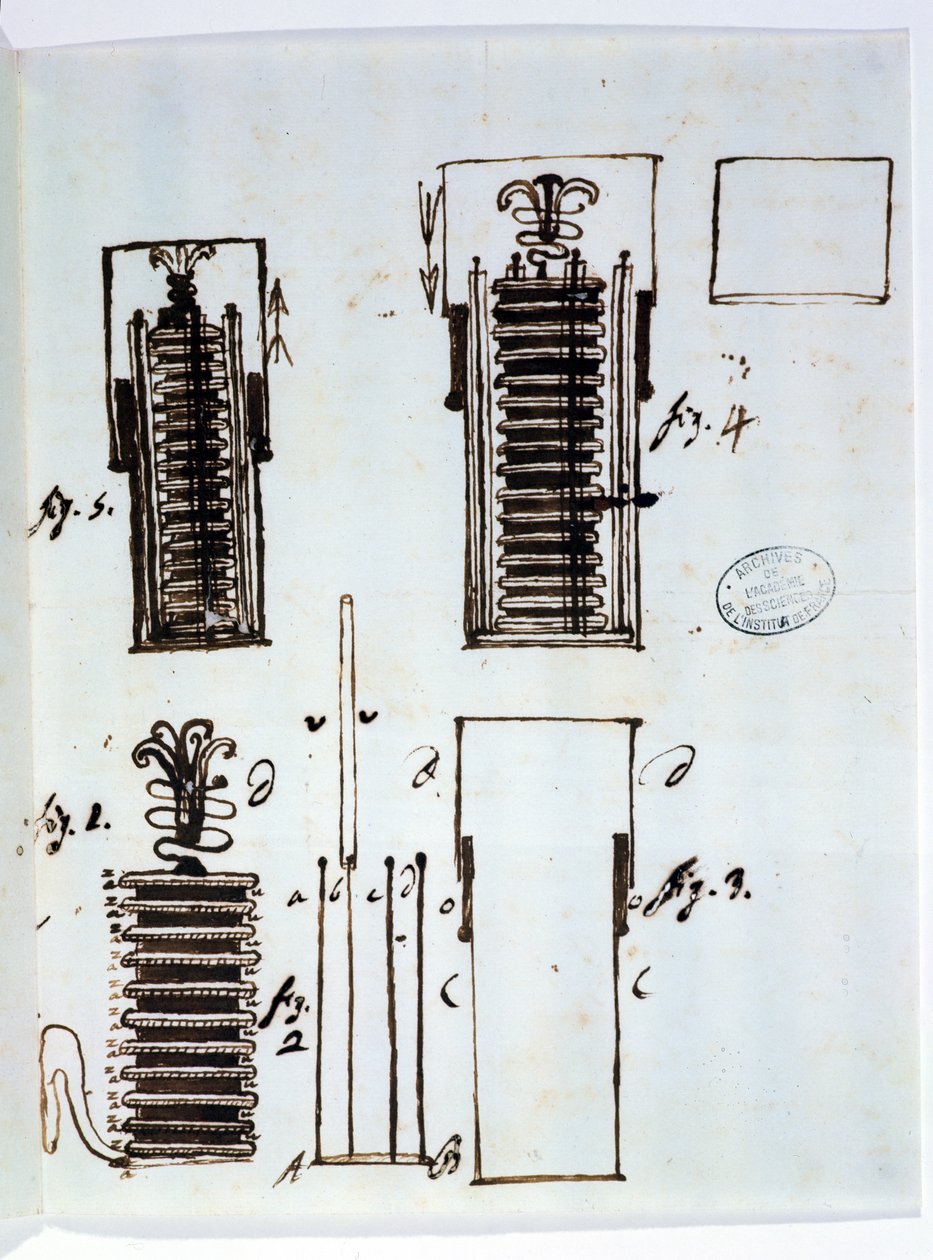 Voltaic-paalu (akku). Piirros Alessandro Voltan (1745-1827) kirjeestä Dieudonne Dolomieulle (1750-1801) galvanismista, 1801 (kynä ja muste paperille) tekijältä Italian School