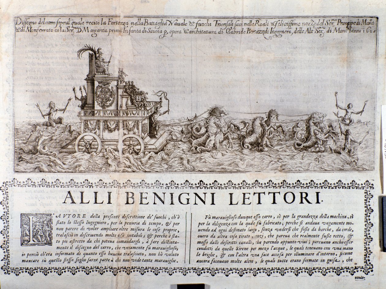 Allegoriset vaunut. Chronicles, joka kuvaa Gonzagan prinssin Mantovassa järjestämiä juhlia tekijältä Italian School