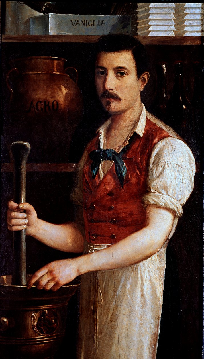 Suklaan käsiteollinen valmistus Kaakaopavut jauhetaan. Nimetön maalaus kyltistä. 1875-1900 Milano, museo di Milano tekijältä Italian School