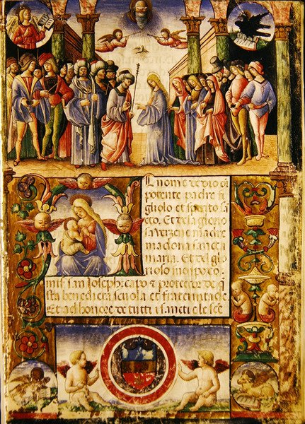 Neitsyen kihla, Pyhän Joosefin ja Pyhän Sylvesterin maallikkokillan Mariegolasta, 1315 (muste persulla) tekijältä Italian School