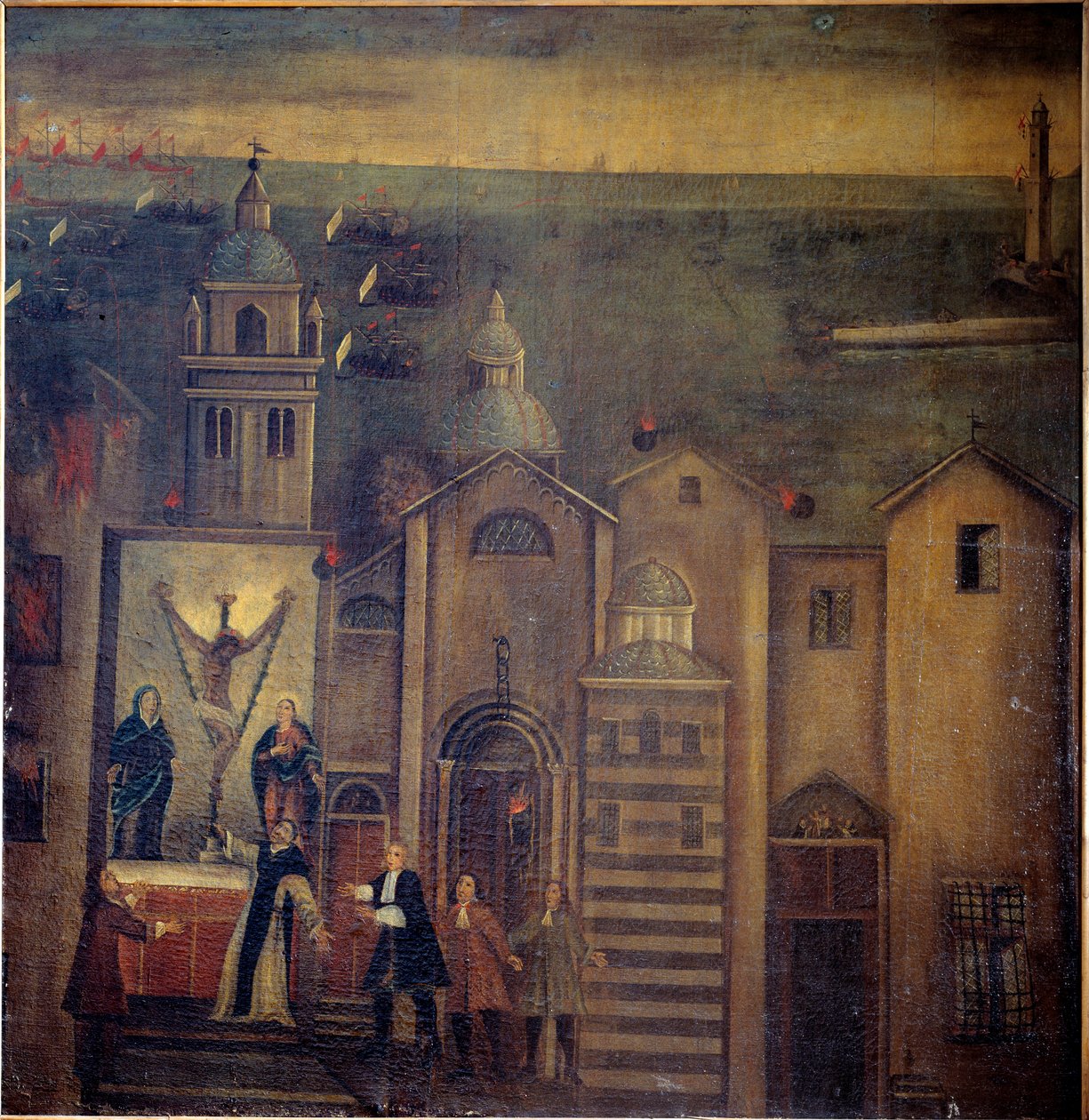 Santa Maria del Castellon kirkko osui ranskalaisten pommituksen aikana vuonna 1684 Genovassa (öljy kankaalle tekijältä Italian School