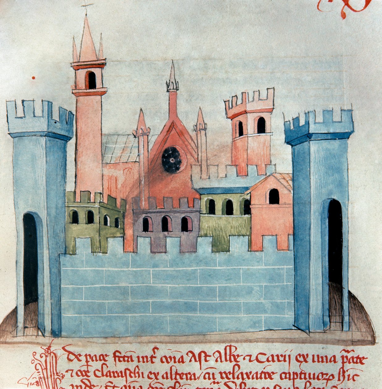 Cherascon kaupunki (Querasque) Conin maakunnassa Piemontissa Italiassa. Keskiaikaisen kaupungin kirkko ja muuri ja linnoitustorni. Codex Astensiksen tai Malabaylan sivu. 1200-luvun miniatyyri. Asti, Archivio Storico Comunale tekijältä Italian School