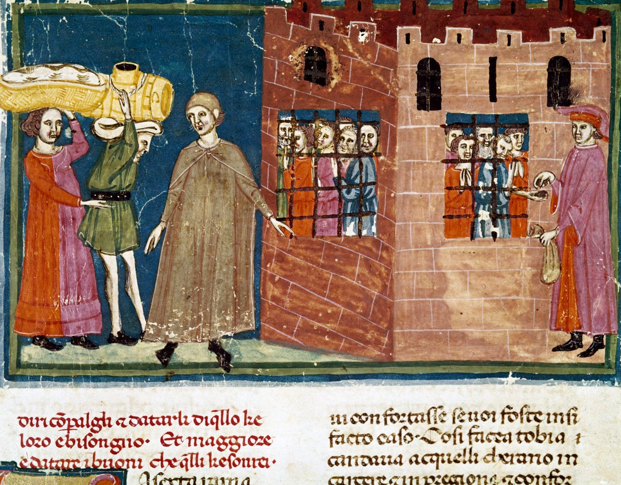 Aterioiden jakaminen vangeille Firenzen koulun pienoismalli otettu Ser Zucchero Bencivennin (MS.II.VI 16) 1300-luvun alun "Pater nosterin" lisäpainoksesta Firenze, kansalliskirjasto tekijältä Italian School
