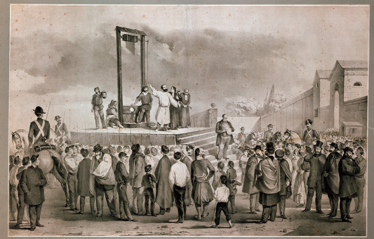 Felice Orsinin (1819 - 1858) ja Pierin teloitus 13.3.1858, jotka suorittivat 14. tammikuuta 1858 hyökkäyksen Napoleon III:ta vastaan Place de la Roquette -aukiolla Pariisin litografiassa 1800-luvun lopulla. Milanon Museo del Risorgimento tekijältä Italian School