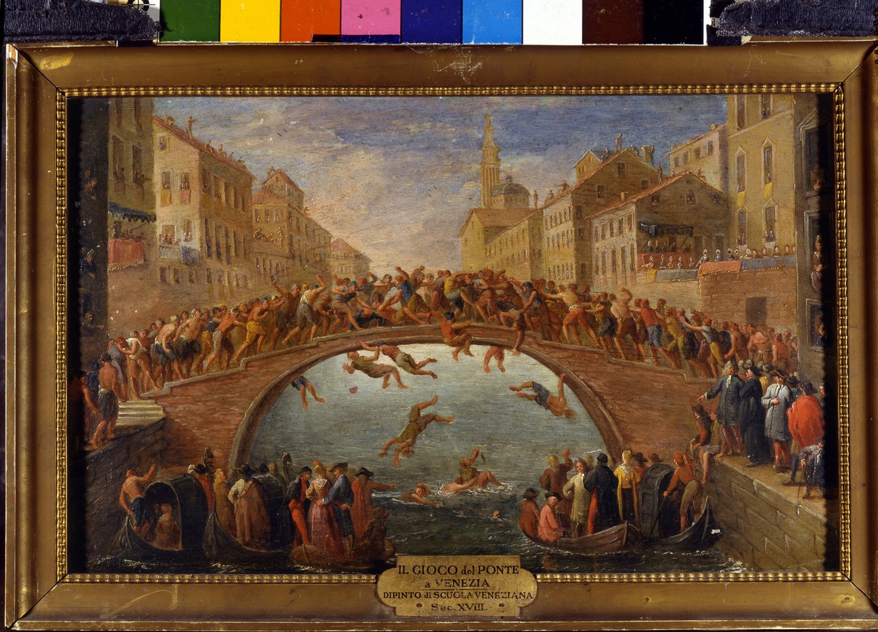 Peli silta on Venetsia Pamppujen taistelu Ponte Santa Foscalla. Venetsialaisen koulun maalaus. 1700-luvulla. tekijältä Italian School