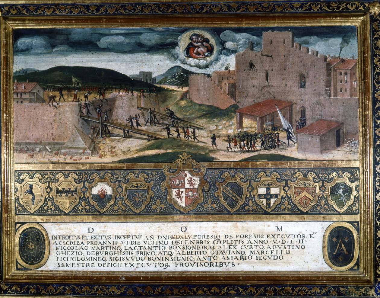 Sienan asukkaat tuhosivat Kaarle V:n espanjalaisten rakentaman linnoituksen 1552. tekijältä Italian School