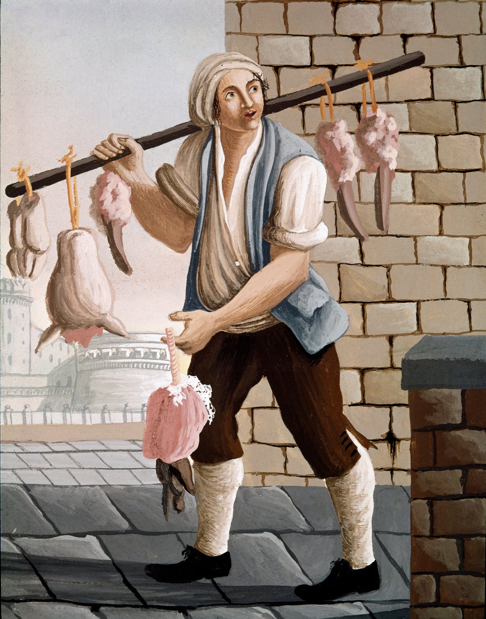 Kiertelevä teurastaja, joka myy vasikanlihan akvarelleja 1800-luvulta - Napoli Museo Nazionale di San Martino tekijältä Italian School