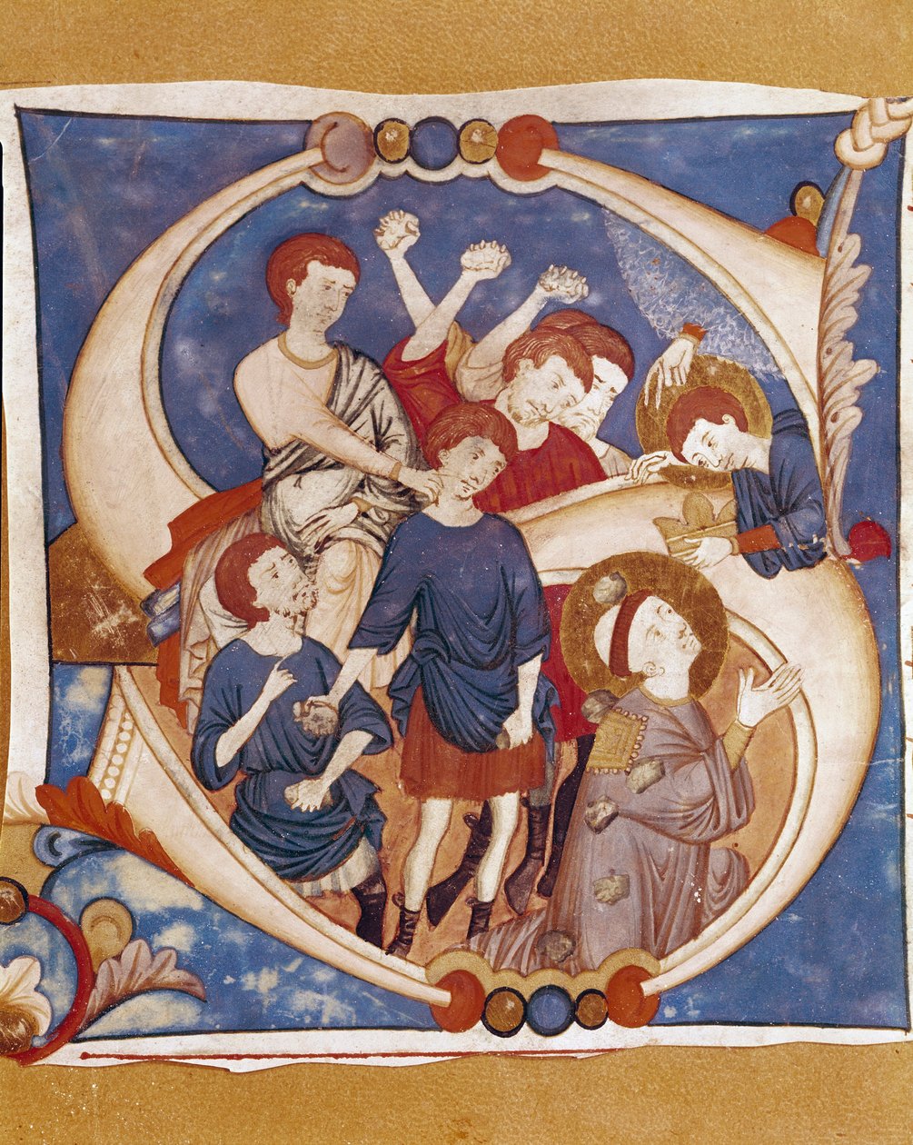 Pyhän Tapanin marttyyri (Stephane, Stefano) Ensimmäisen kristityn marttyyrin kivittäminen 1. vuosisadalla. Umbrian koulun käsikirjoituksen valaistu lettriini. 1300-luvulla. Citta di Castello, Biblioteca Civica tekijältä Italian School
