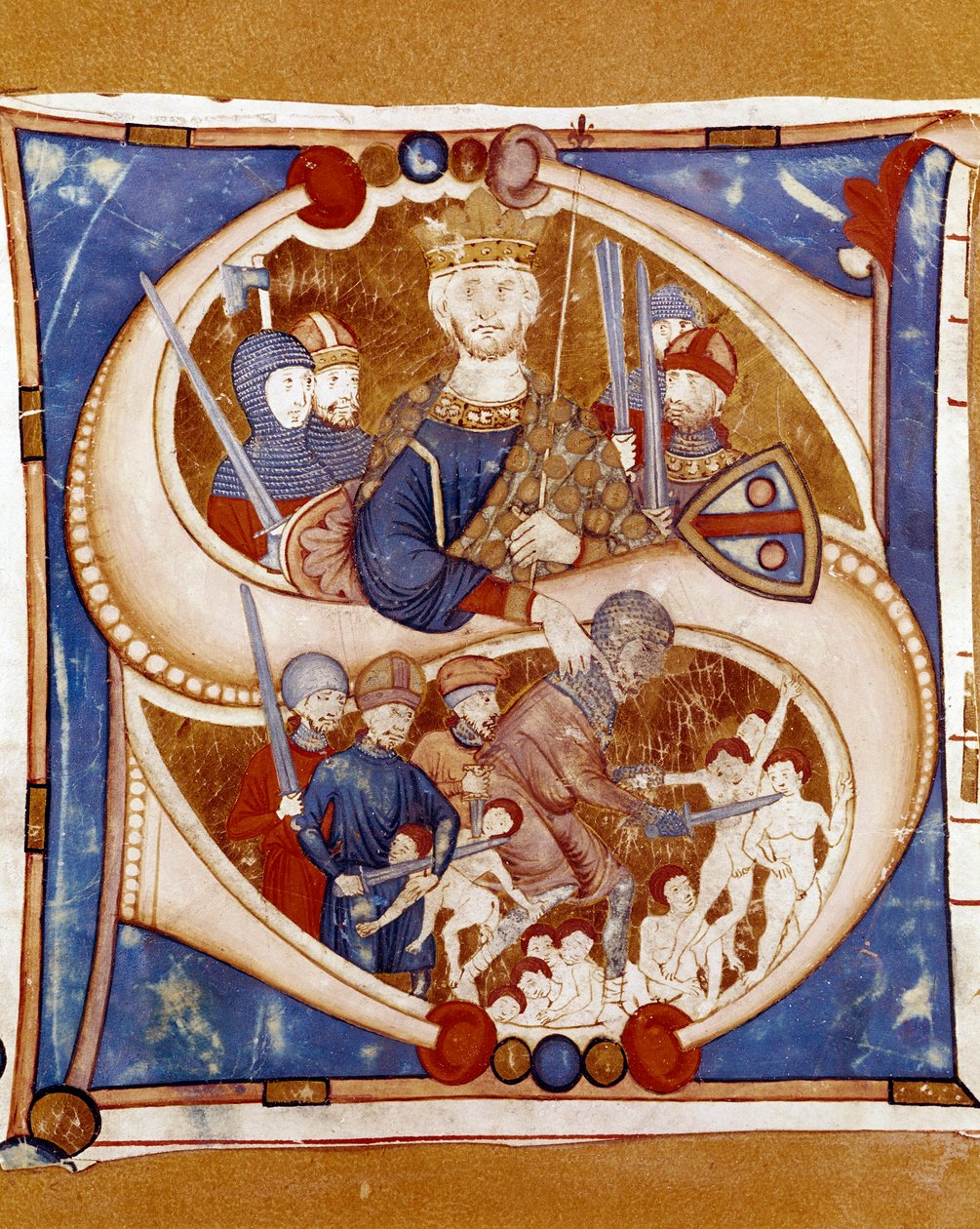 Viattoman kuningas Herodes I Suuren (73-4 eKr.) verilöyly on edustaja, joka määrää Betlehemin uusien (uusien) joukkomurhan. Umbrian koulun käsikirjoituksen valaistu lettriini. 1300-luvulla. Citta di Castello, Biblioteca Civ tekijältä Italian School
