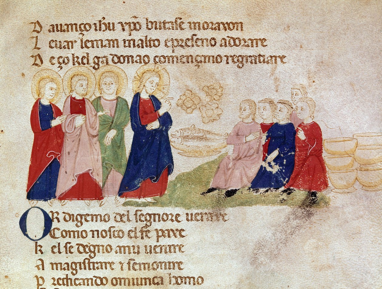 Leipien ja kalan monistaminen Pietro da Barsegapen (1200-luvulla) "" Del novo e del vedre testamento -kirjasta" otettu pienoismalli 1300-luku Milano, Biblioteca Braidense tekijältä Italian School