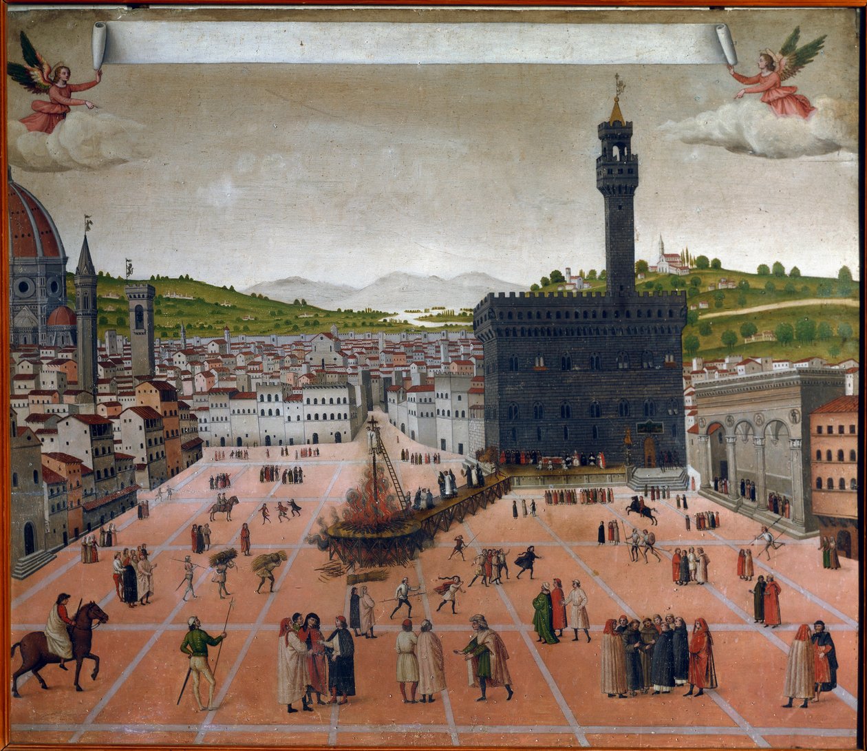 Girolamo Savonarolan torni Piazza della Signorialla Firenzessä vuonna 1498 (maalaus) tekijältä Italian School