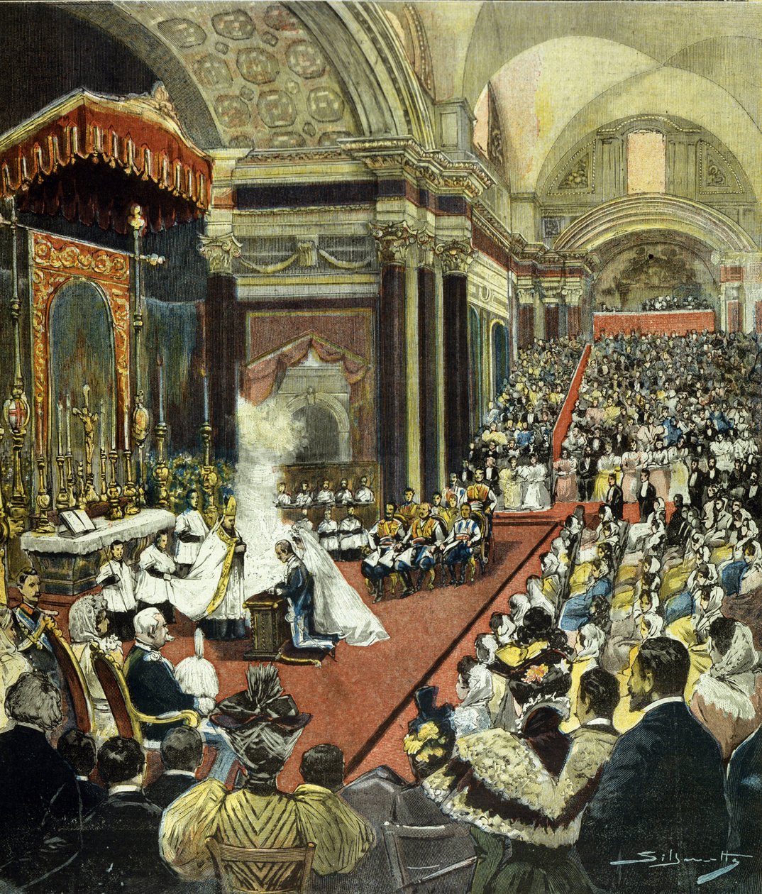 Kuningas Victor Emmanuel III (Victor-Emmanuel) (Vittorio Emanuele) uskonnollinen avioliitto Montenegron prinsessa Helenen kanssa Santa Maria degli Angelin kirkossa Roomassa vuonna 1896. tekijältä Italian School