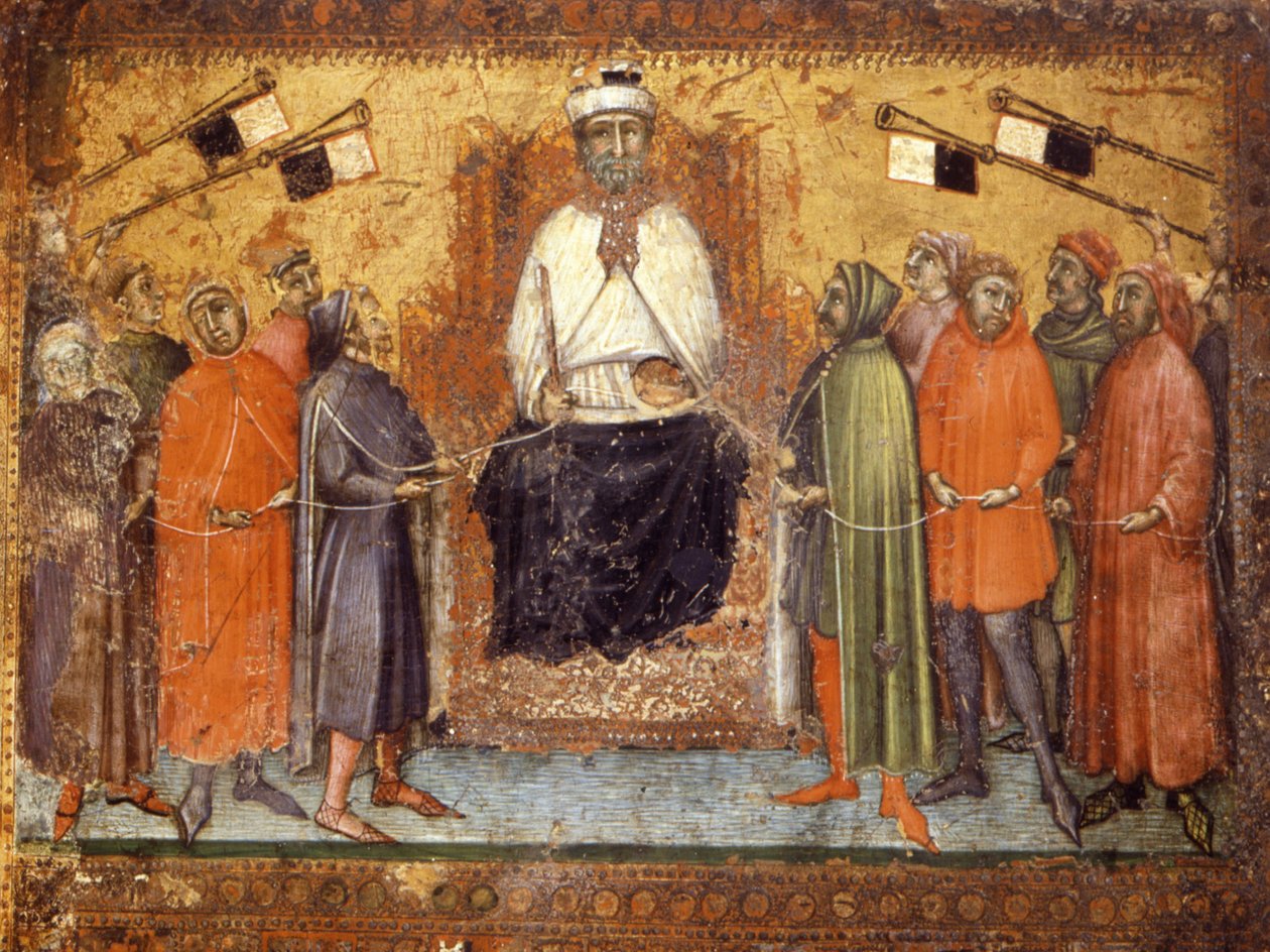 Palautunut hallitus pitää kansalaiset suitseissa. Puupaneeli vuodelta 1385. Kansallisarkisto, Siena. tekijältä Italian School