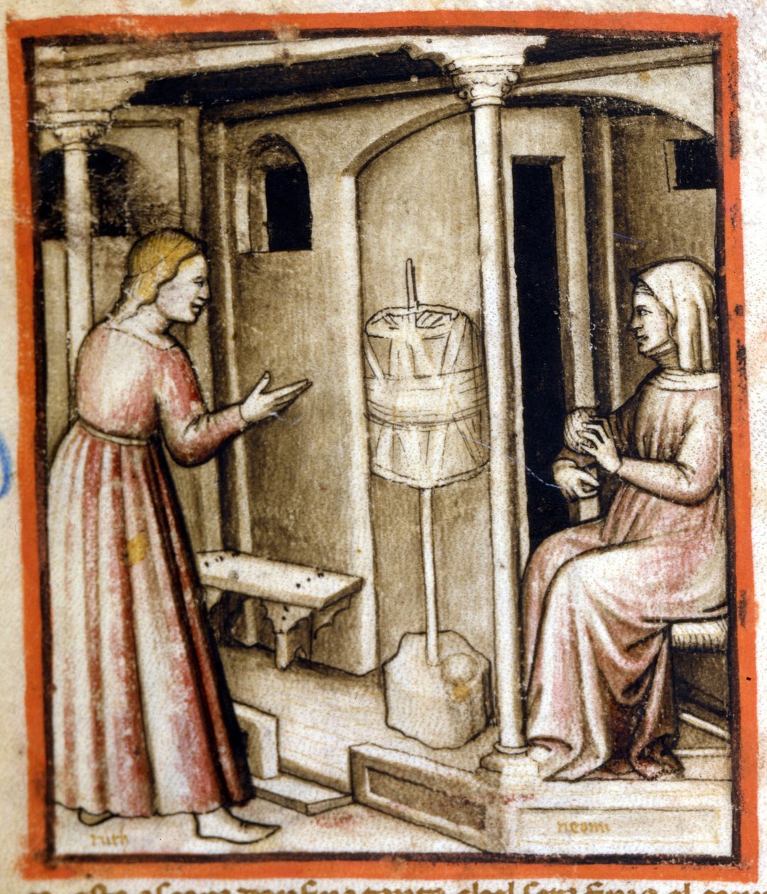 Villan kehruu 1300-luvulla. Miniatyyri koodista 212 (tai padovano-koodista tai Padovan Raamatusta) 1390-1400 Rovigo, Accademia dei Concordi tekijältä Italian School