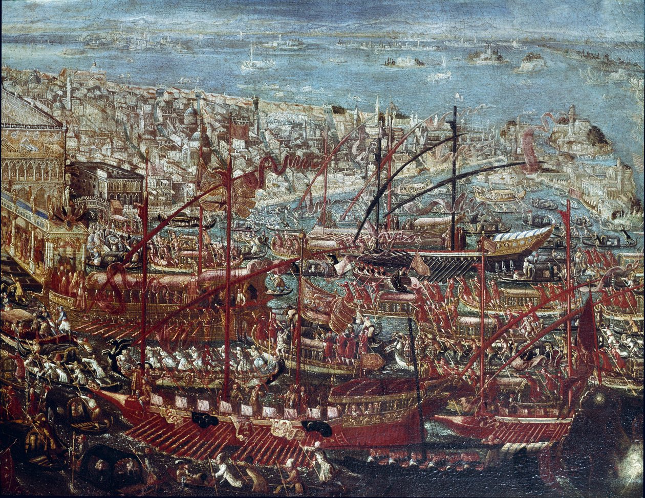 Venetsialaisen laivaston voittoisa paluu arsenaaliin Doge Francesco Morosinin johtaman kampanjan jälkeen turkkilaisia vastaan vuonna 1659 Venetsialaisen koulukunnan maalaus - 1600-luku - Venetsia, Correr-museo tekijältä Italian School