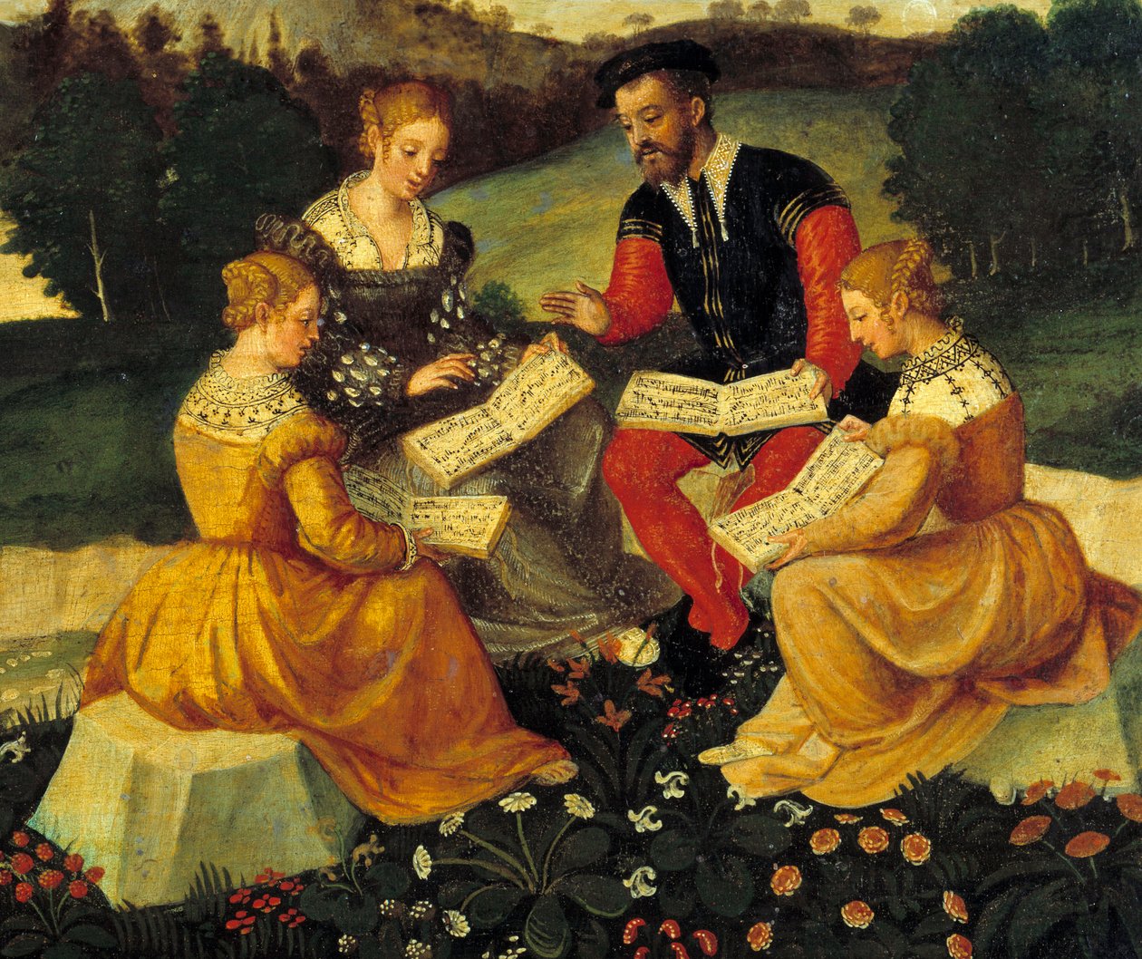 Laulukonsertti Painting of the Italian School. 16. vuosisata. Bourges, Hotel Lallemant - Bukolinen konsertti. Italian koulun maalaus. 16. vuosisata. Hotel Lallemant, Bourges, Ranska tekijältä Italian School