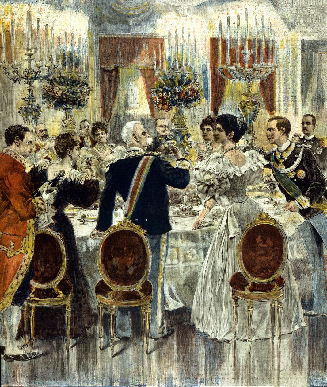 Morsiamen Victor Emmanuel III (Victor-Emmanuel) (Vittorio Emanuele) ja Helene Montenegron hääjuhla pidetään Quirinalen palatsissa Roomassa. 1896. tekijältä Italian School