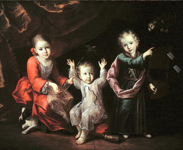 Kolme lasta sisätiloissa lemmikkiensä ympäröimänä, n. 1680 (öljy kankaalle) tekijältä Italian School