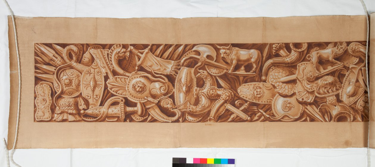 Kolme piirustusta antiikkisen jälkeen, n. 1750 (ruskealla pesulla korotettu sivellinpiirros mustalla liidulla) tekijältä Italian School