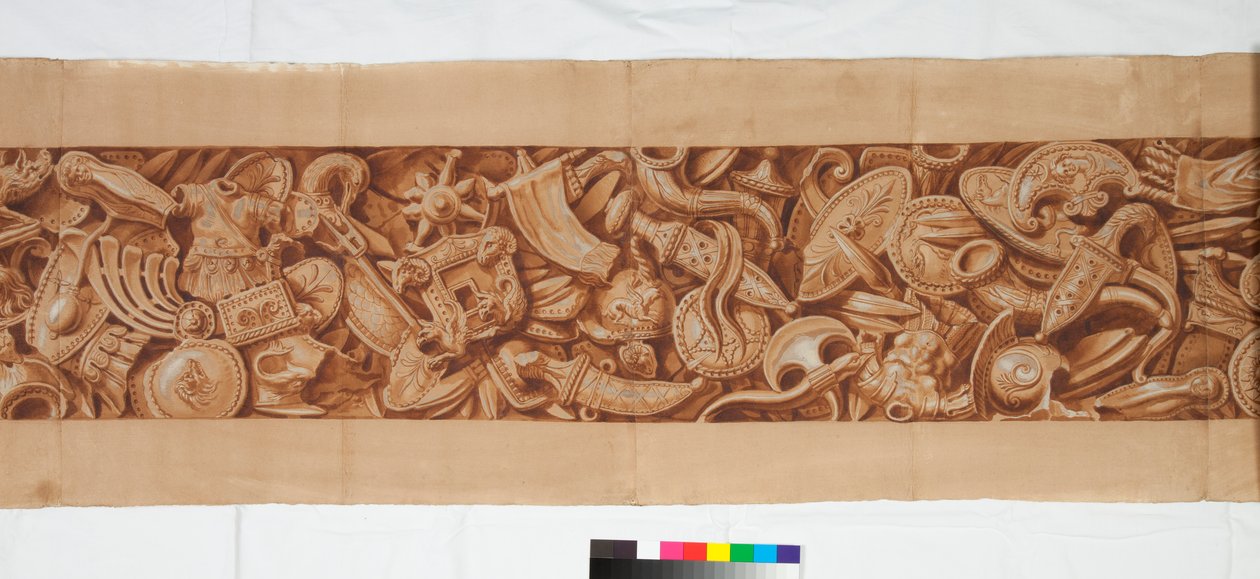 Kolme piirustusta antiikkisen jälkeen, n. 1750 (ruskealla pesulla korotettu sivellinpiirros mustalla liidulla) tekijältä Italian School
