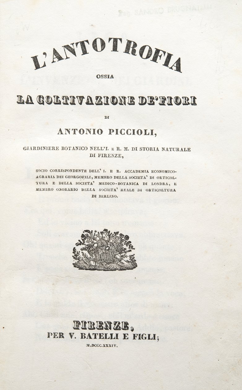 Nimisivu, Antonio Picciolin teoksesta Antotrophy or The Cultivation Of Flowers, pub. 1834 (kaiverrus) tekijältä Italian School