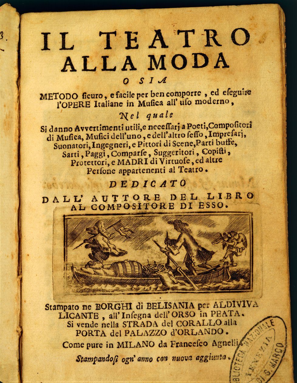 Teatro della Modan nimisivu, kirjoittanut Benedetto Marcello (litho) tekijältä Italian School
