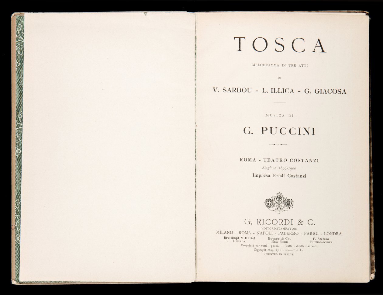 Nimisivu, Libretto della Tosca, kirjoittanut Giacomo Puccini, Ricordi Edition, Italia tekijältä Italian School