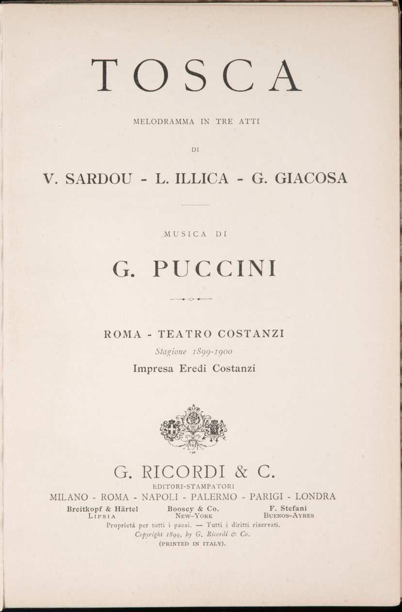 Nimisivu, Libretto della Tosca, kirjoittanut Giacomo Puccini, Ricordi Edition, Italia tekijältä Italian School
