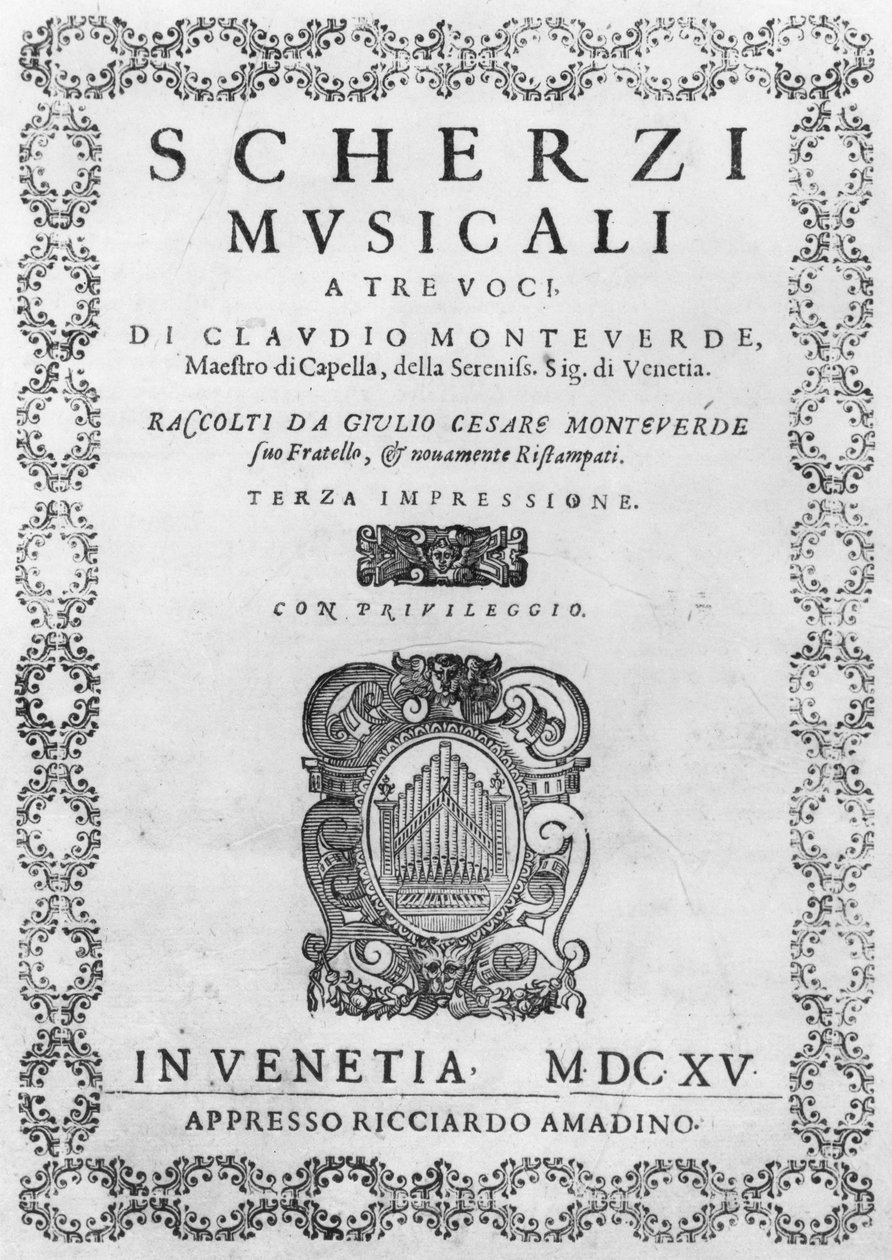 Claudio Monteverdin (1567-1643) Scherzi Musicalin nimisivu 1615 tekijältä Italian School