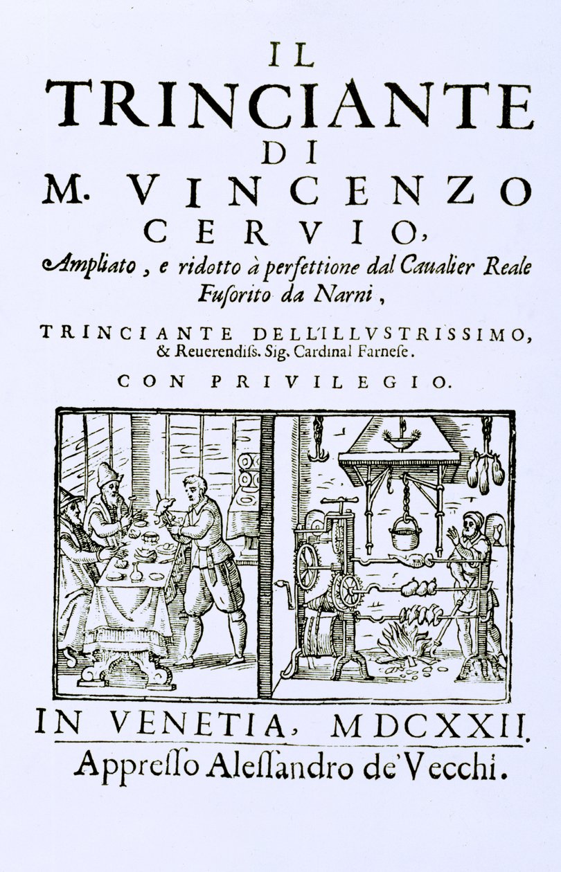 Italialaisen keittokirjan otsikkosivu, pubi. Venetsia, 1622 tekijältä Italian School