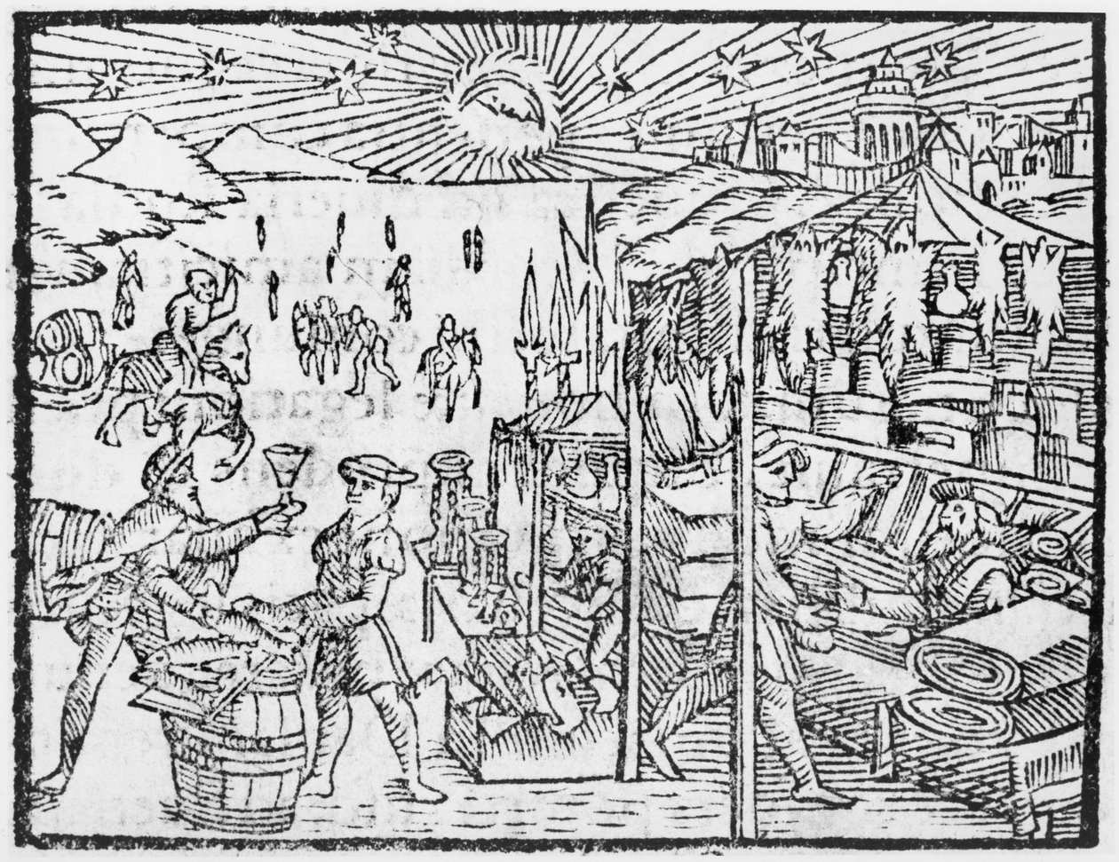 Kauppa Skandinaviassa, kuvitus Olaus Magnuksen (1490-1558) teoksesta Northern Nations History, julkaistu Roomassa, 1555 tekijältä Italian School