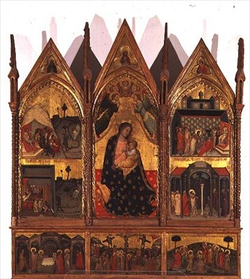 Triptyykki: Madonna ja lapsi istuu valtaistuimella, joita reunustavat kohtaukset St. Bartholomew