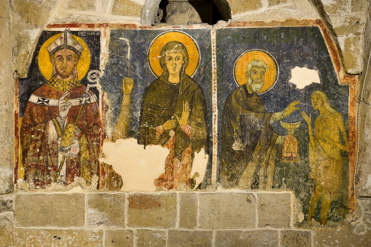 Triptyykki, jossa vasemmalta alkaen San Cataldo, La Maddalena ja San Zosimo jakavat ehtoollisen Santa Maria Egiziacalle, katedraalin krypta. tekijältä Italian School