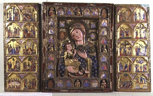 Triptych ng Madonna at Bata kasama ang mga Ebanghelista, Propeta, at mga eksena mula sa Buhay ni Kristo (kahoy, pilak na filigree at enamel)finn tekijältä Italian School