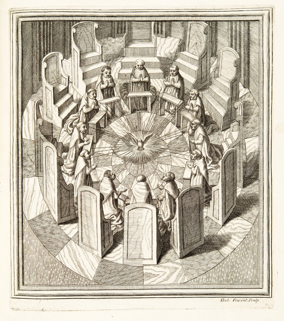 Kaksitoista Rotan tuomaria rukoilemassa pyöreässä salissa, joka ympäröi Pyhää Henkeä, pub. 1717 (kaiverrus) tekijältä Italian School