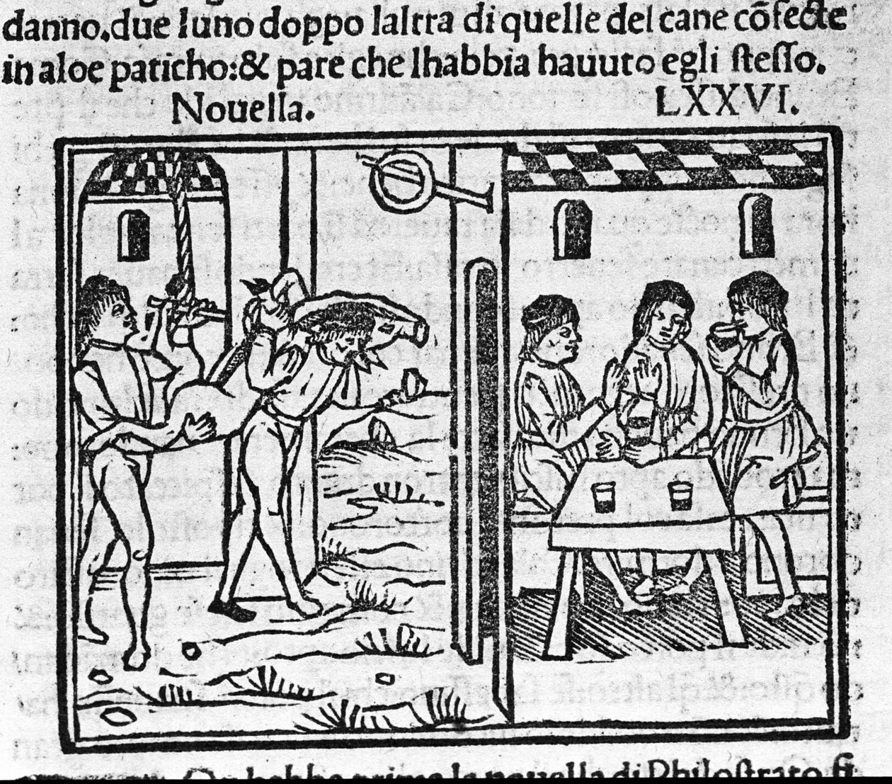 Kaksi miestä kantoi sikaa olkapäällään. Kuva italialaisen kirjailijan Giovanni Boccaccio dit Jean Boccaccion (1313-1375) "Decameronin" uutisille 76 (uusi 6 kahdeksannesta päivästä). Kaiverrus "" Decamerone ouer Cento nouelle"" Venetsia, Bartolomeo de tekijältä Italian School