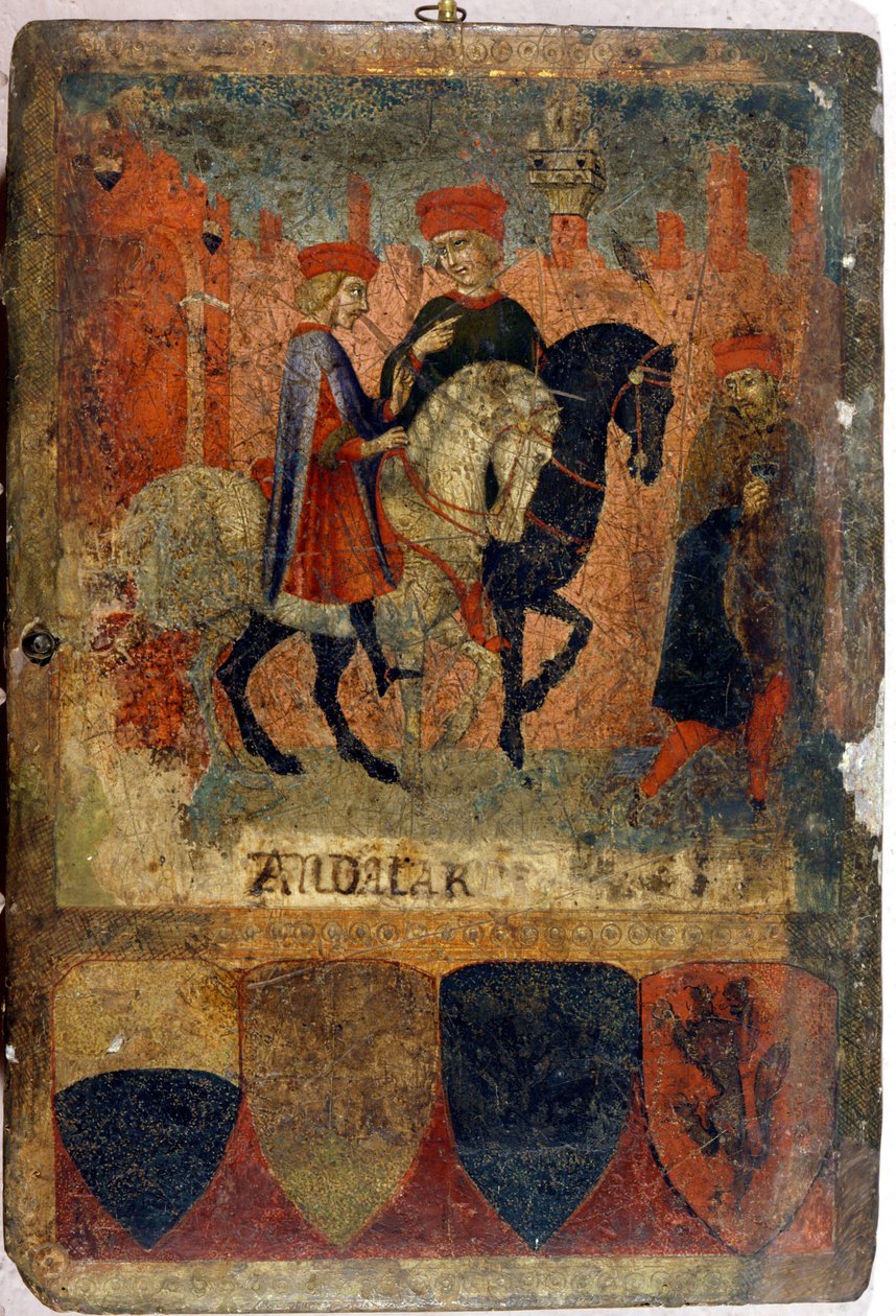 Kaksi verotarkastajaa. Biccherna (Sienan kaupungin kirjanpitorekisterin kansi). Kansallisarkisto - Museo delle Tavolette de Bicherna, Siena. 1400-luvun loppu - 1500-luvun alku. tekijältä Italian School