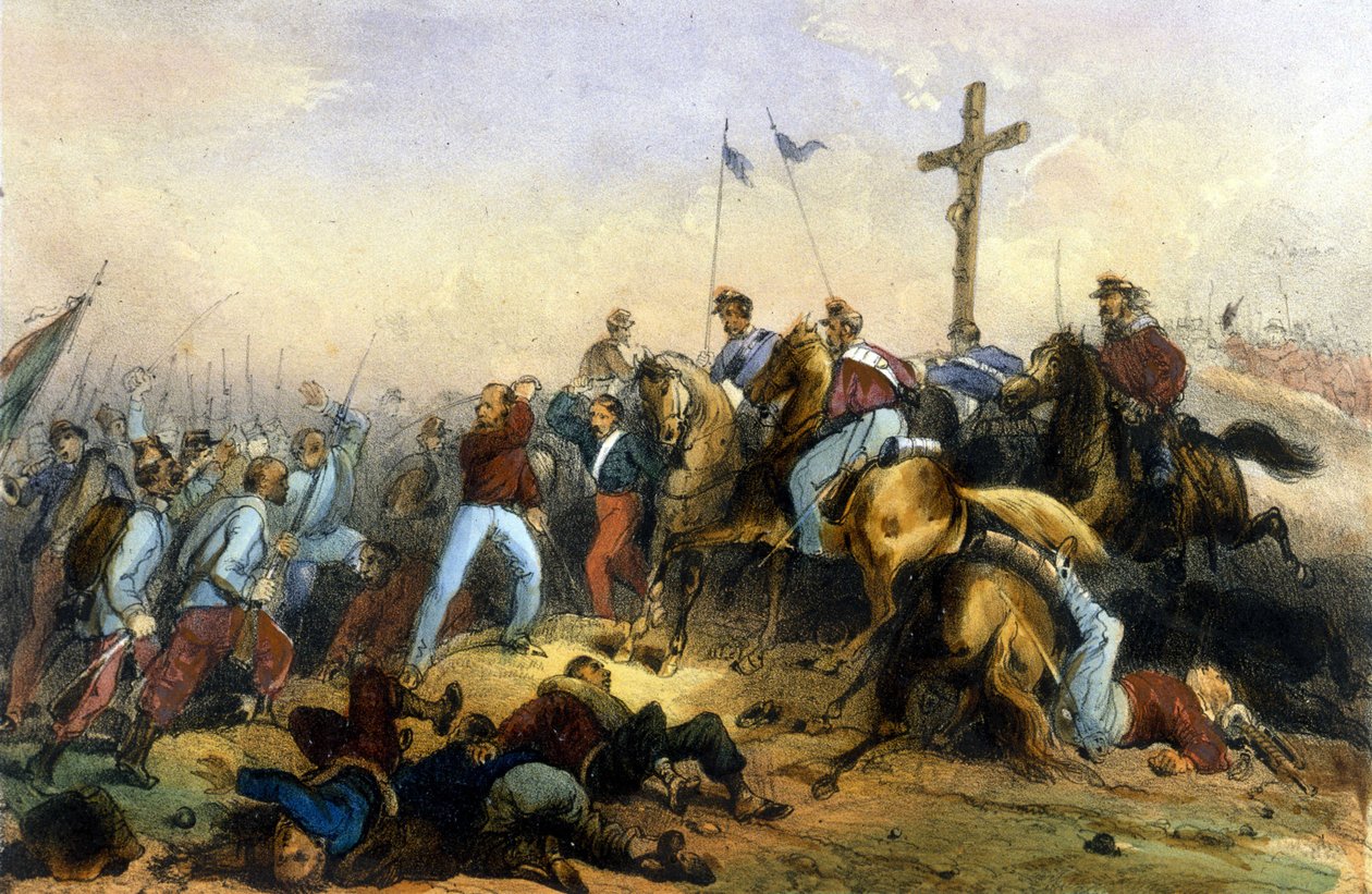 Italian yhdistyminen: Milazzon taistelu Sisiliassa 20.7.1860. Giuseppe Garibaldin Thousand voitti Francois II:n. 1800-luvun lopun litografia tekijältä Italian School